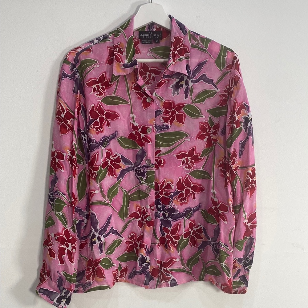 Carole Little Pink‎ Floral Button-Up Shirt Rayon Vintage Size 12